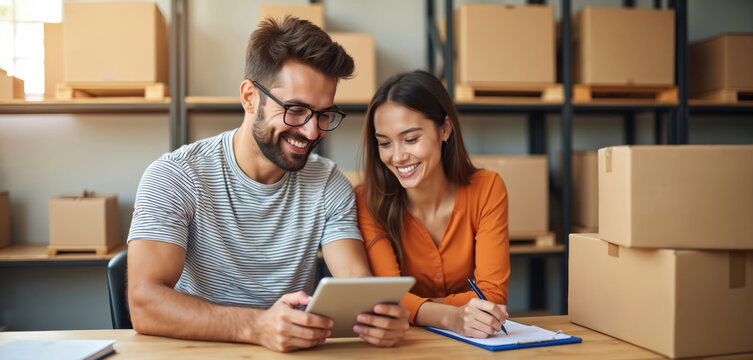 Young man and woman happy work together in warehouse with tablet checking orders. Couple manage online shop inventory shipping packages preparing shipment for e commerce business.