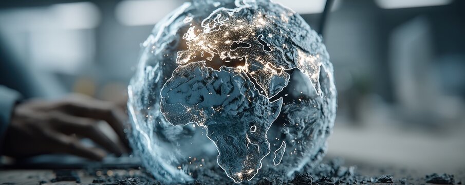 Global digital globe with illuminated continents, symbolizing connectivity, technology, and worldwide business