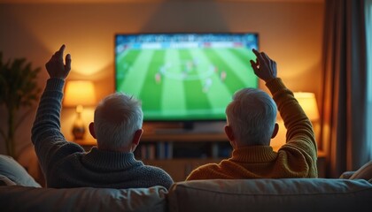 Father and son watch soccer game on TV, cheering together. Men celebrate goal, enjoy match at home. Family bonding watching sports, excited fans celebrate win. Fun leisure time together.