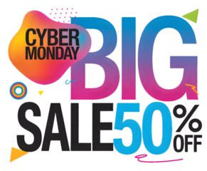 Cyber monday big sale 50 percent off announcement isolated on transparent background