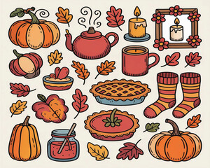 Vintage fall cozy seamless pattern. Cute autumn season. Hand drawn crayon doodle pumpkins, teapots, candle, mug, socks, pie, frames in flowers, jam, fall leaves. Vector background. 
