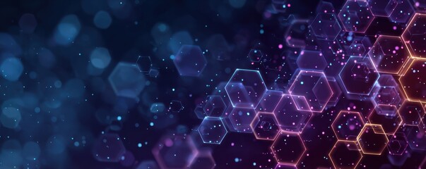 Abstract digital background with glowing hexagons in blue and purple neon light for tech and science themes