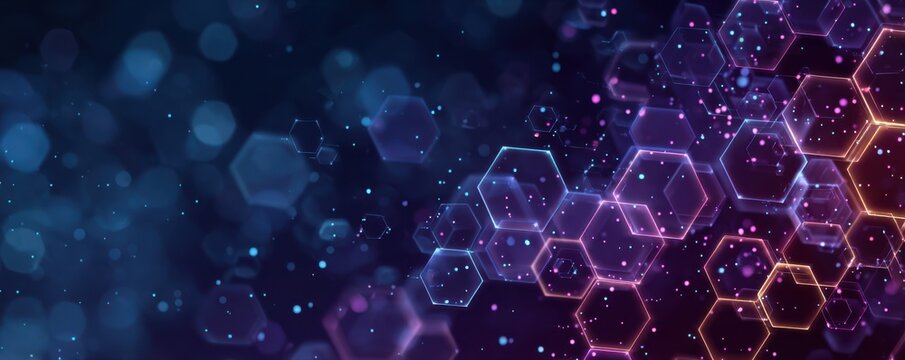 Abstract digital background with glowing hexagons in blue and purple neon light for tech and science themes - Powered by Adobe