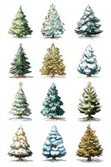 Obraz premium Watercolor collection of twelve different evergreen trees in various styles, colors and seasonal appearances for holiday designs.