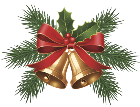 Golden christmas bells adorned with a red ribbon and holly sprigs isolated on transparent background