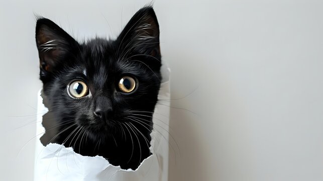 Black cat with bright yellow eyes peeks curiously through torn white paper hole against neutral background, creating playful and mysterious mood for pet photography and social media content.