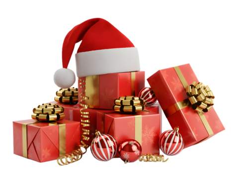 Pile of festive red and gold christmas gift boxes adorned with a santa hat and ornaments isolated on transparent background - Powered by Adobe