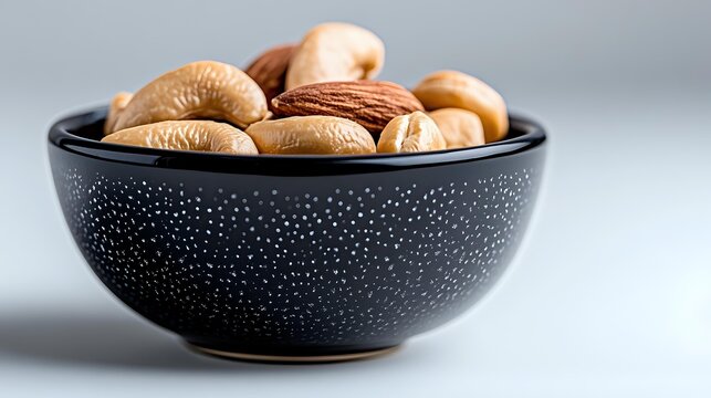 Assorted mixed nuts in decorative black ceramic bowl with dotted pattern on neutral background, healthy protein-rich snack.