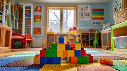 Colorful building blocks scattered on a playroom floor create a vibrant, interactive environment for children's creativity and learning