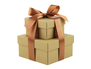 Stack of two kraft paper gift boxes tied with a satin ribbon isolated on transparent background