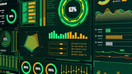 Futuristic digital interface with glowing 4K green charts and graphs for data analysis. - Powered by Adobe