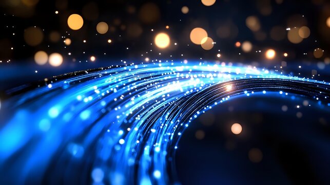 Abstract blue light trails with glowing bokeh effect on dark background, creating futuristic technology concept for digital communications and data transfer.