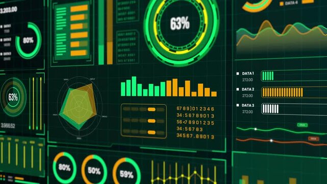 Futuristic digital interface with glowing 4K green charts and graphs for data analysis. - Powered by Adobe