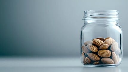 Almonds in clear glass jar against minimalist blue-gray background, showcasing healthy snack option for nutrition and wellness content.