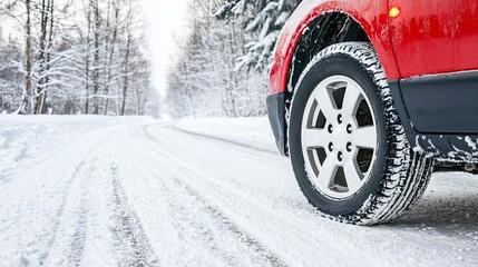 Naklejka premium A silver car rests on a snowy road with tire tracks visible, surrounded by trees and a bright winter sky