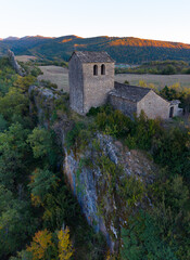 Aerial view from a drone of the Church of San F&eacute;lix in Rap&uacute;n, in the municipality of Sabi&ntilde;a&ntilde;igo, Alto Gallego region, province of Huesca, Autonomous Community of Aragon, Spain, Europe