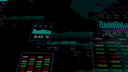 Futuristic stock market interface with glowing charts, graphs, and financial data analysis on a 4K digital screen. - Powered by Adobe