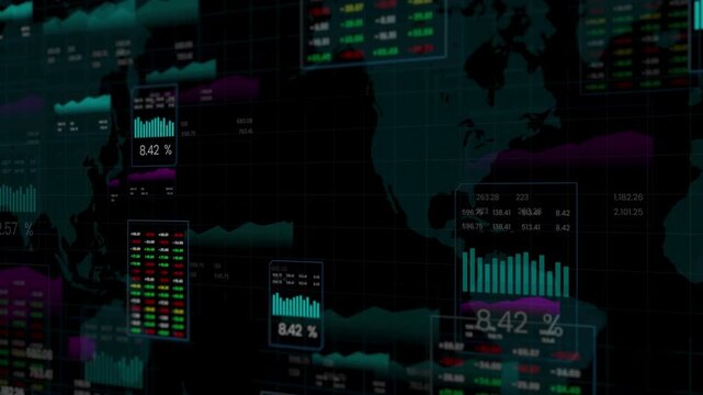 Futuristic digital interface 4K displaying global stock market data, financial charts, and analytics. - Powered by Adobe