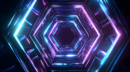 A futuristic hexagonal tunnel with glowing neon blue and purple lights, creating a sense of depth and movement into the infinite