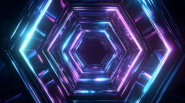 A futuristic hexagonal tunnel with glowing neon blue and purple lights, creating a sense of depth and movement into the infinite