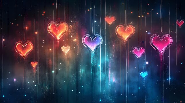 Glowing neon hearts hanging against cosmic galaxy background with vibrant colors and light streaks for romantic design projects.