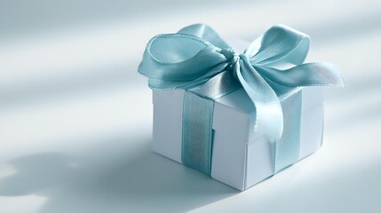 Obraz premium Elegant white gift box with light blue satin ribbon bow on soft neutral background, perfect for celebrations, holidays, and special occasions.