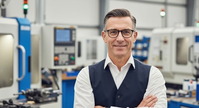 Portrait of a confident factory manager smiling at the camera. Professional middle-aged engineer with arms crossed in a modern industrial workshop with machinery - Powered by Adobe