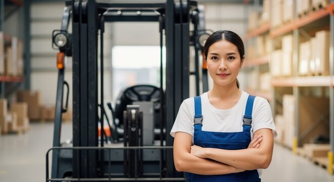 Portrait of a confident asian female warehouse worker in front of a forklift. Professional woman operator in uniform with arms crossed at a distribution center