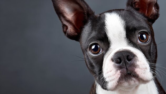 Charming Boston Terrier with Expressive Eyes Poses Beautifully on a Neat Grey Canvas Background