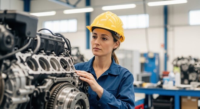 Professional female engineer in a hard hat working on a car engine in a factory. Skilled woman mechanic inspecting industrial machinery during assembly