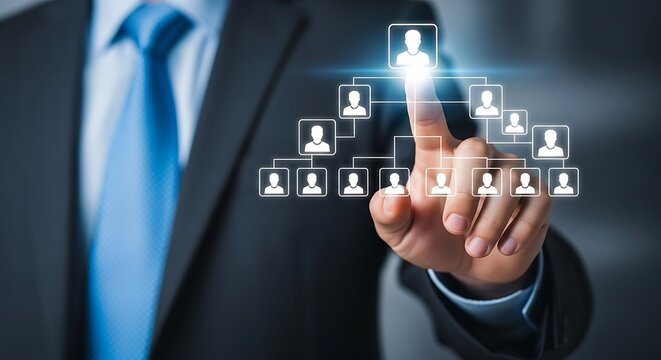 Businessman interacting with a digital organizational chart on a futuristic interface