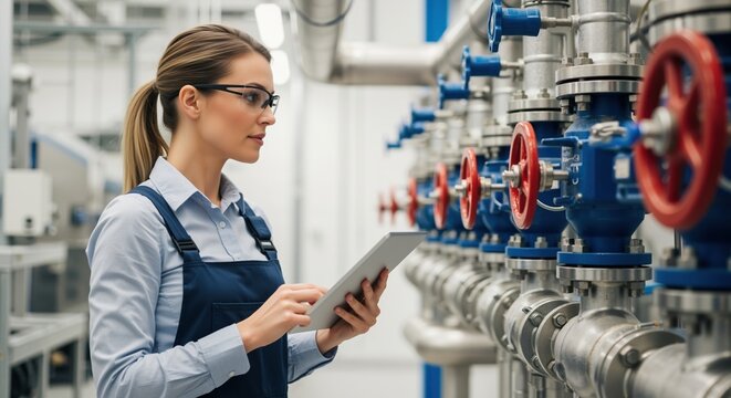 Woman engineer with a tablet checking pipes and valves in a power plant. Industrial quality control and maintenance in a factory setting