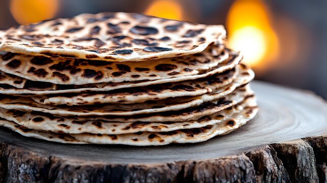 Stack of homemade flatbread with charred spots on wooden surface against warm bokeh background, traditional baking concept.
