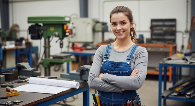 Confident female worker smiling in a factory workshop. Portrait of a young skilled technician in overalls with arms crossed. Woman in trades and manufacturing industry - Powered by Adobe