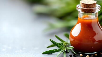 Small glass bottle with homemade tomato sauce or ketchup with cork stopper and fresh rosemary on gray background with copy space.