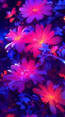 Vibrant neon pink and purple daisies glowing under ultraviolet light against deep blue foliage, creating a psychedelic floral dreamscape.