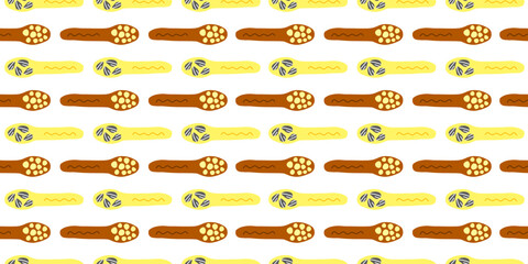 Seamless pattern with hand drawn flat sunflower seeds and chickpea in spoons. Cute background with food ingredients.