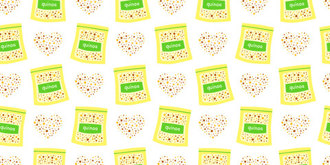 Seamless pattern with hand drawn flat quinoa in pack. Cute background with food ingredients.