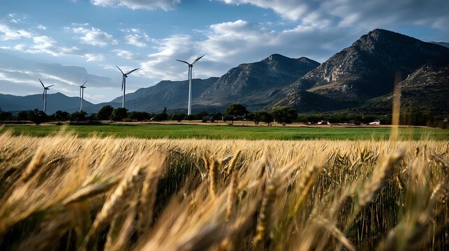 Wind turbines in mountainous landscape with golden wheat field in foreground, dramatic sky above. Renewable energy concept for environmental sustainability.
