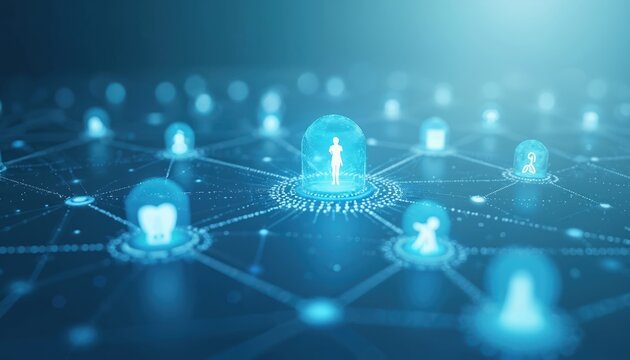 Blue digital network graphic showing interconnected health icons. Human body parts, medical symbols linked in futuristic abstract visualization with glowing blue orbs, lines. Digital tech connects
