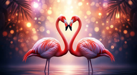 Two flamingos in heart shape with light effect