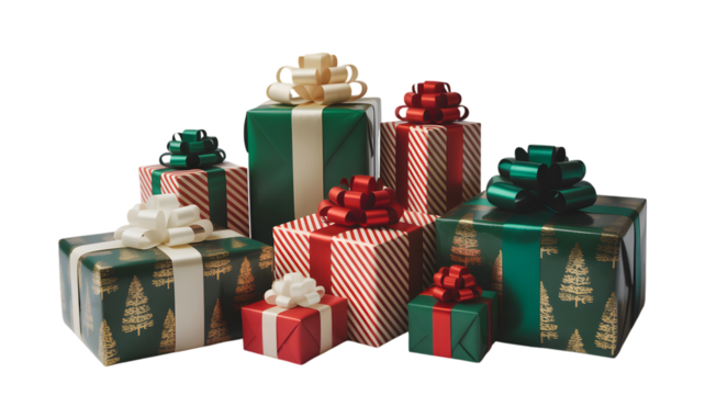 A collection of christmas presents wrapped in festive paper and tied with bows, isolated on transparent background