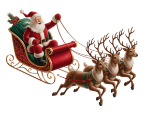 Santa claus riding in his sleigh pulled by reindeer, isolated on transparent background