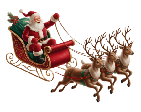 Santa claus riding in his sleigh pulled by reindeer, isolated on transparent background