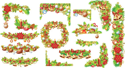 Christmas Set with Banners, Garlands, Wreaths, and Festive decorations,  for holiday cards, invitations, posters, banners, and festive graphic design projects