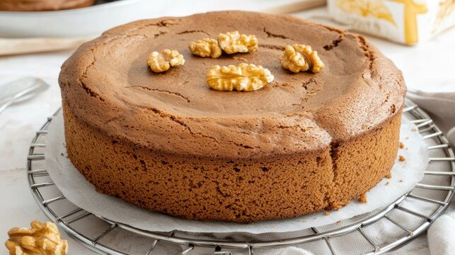 A rich chocolate cake layered with creamy filling and topped with walnuts promises a delicious treat for dessert lovers