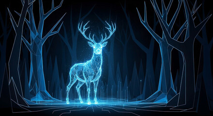 Digital deer glowing in forest dark landscape art