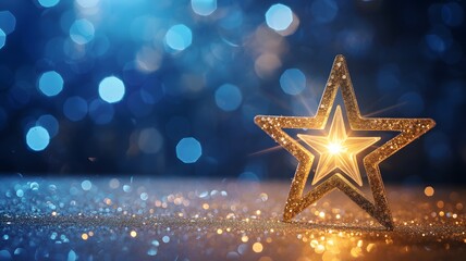 Glowing golden star on sparkling blue background representing festive celebration, 