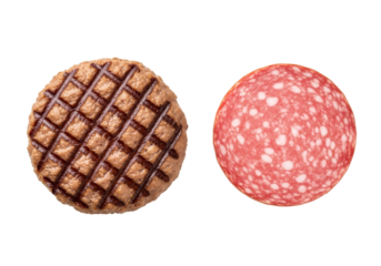 A grilled beef patty with grill marks on the left and a circular slice of salami on the right, both on a white background.