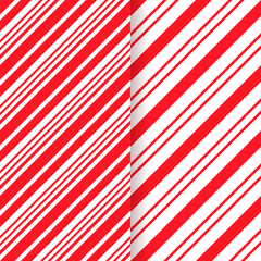 Candy cane seamless patterns. Xmas striped red background. Set cute caramel wrapping package texture. Vector. Christmas holiday diagonal lines. Peppermint prints. Abstract geometric illustration.